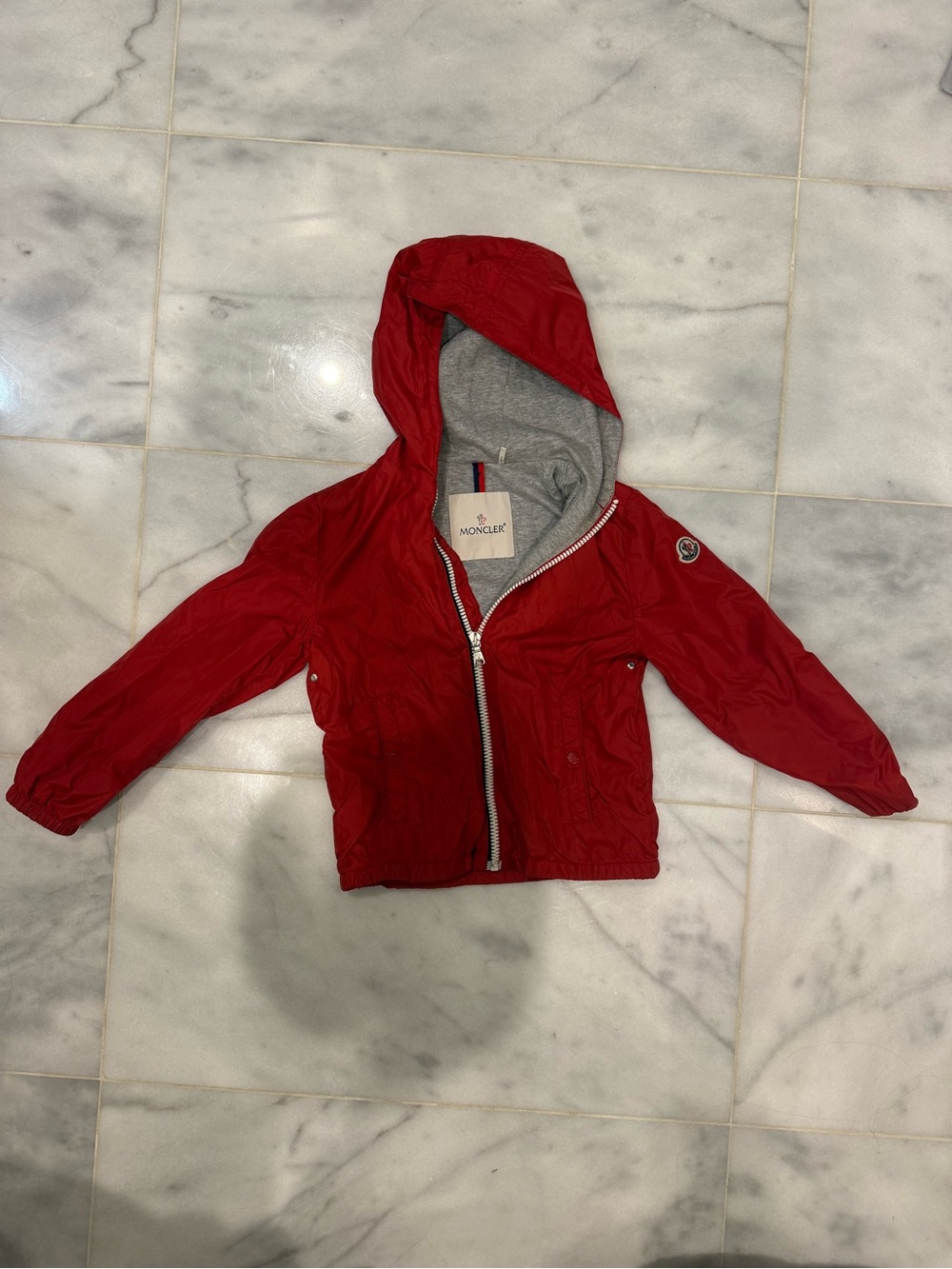 Moncler Kids Red Hooded Jacket with Gray Lining